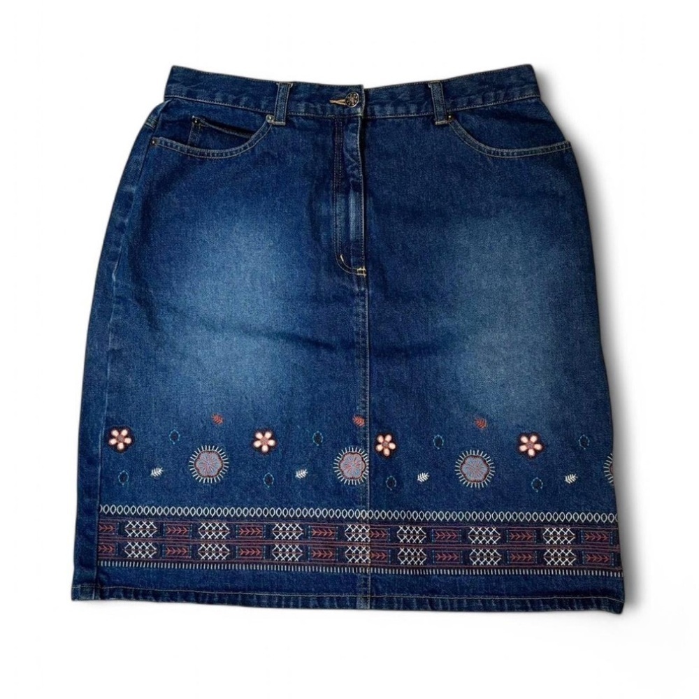 Vintage Y2K Denim Skirt Sz 14 Boho Floral Embroidered Mid Rise Indie Western 90s